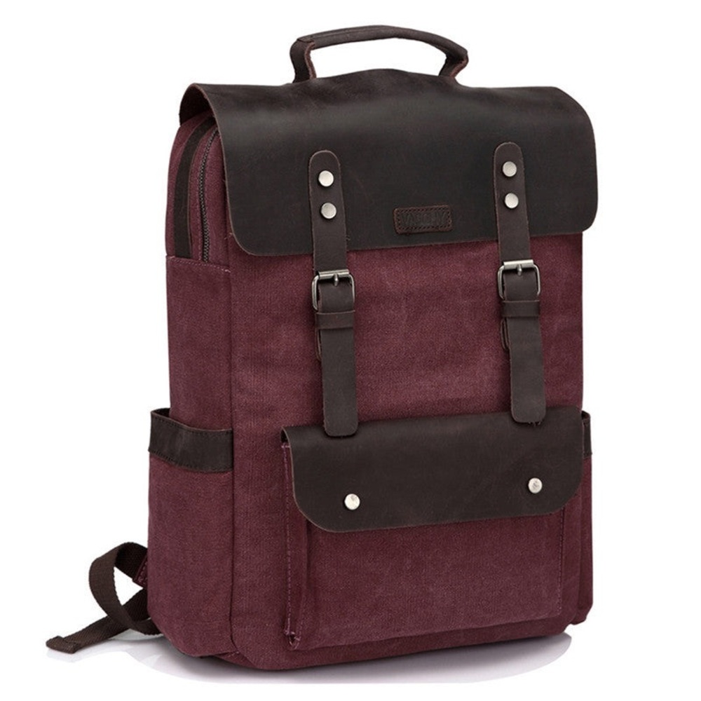 VASCHY Vintage Man Women Leather Canvas Explorer  Laptop Backpack Burgundy